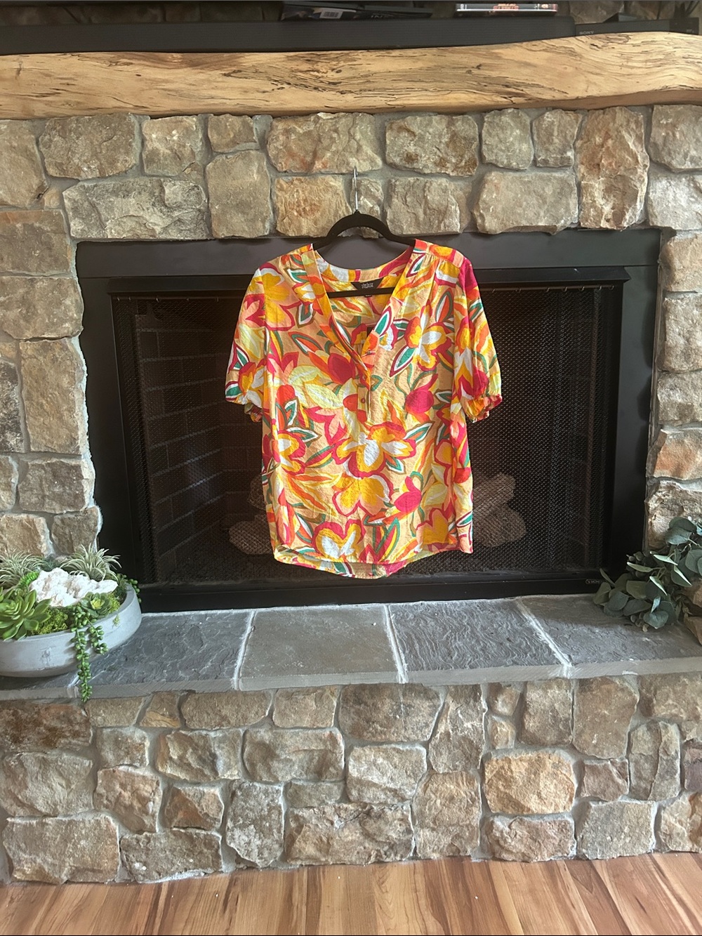 Slim Factors - V-Neck Floral Short Sleeve Blouse in Yellow, Pink and Orange